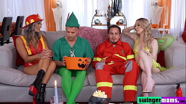 Canceled special night halloween ends in sex exchange with the stepson of each of the horny stepmothers in a lusty foursome.