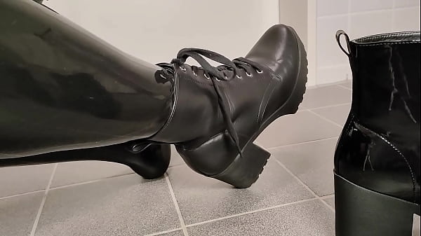Changing the chunky platform high heel boots while wearing shiny latex - ASMR